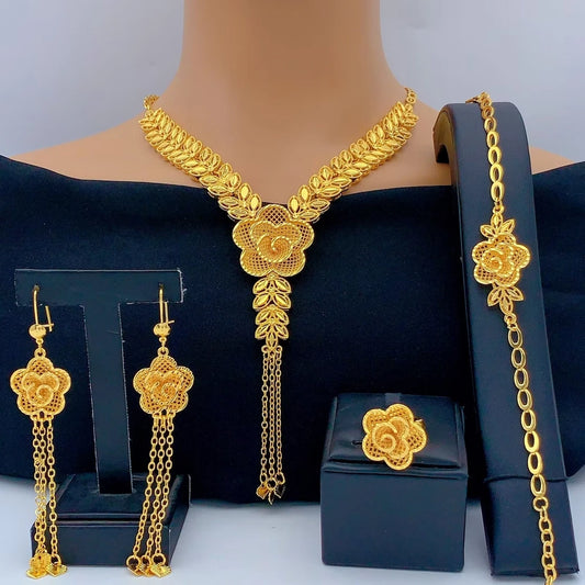 Ethiopian 24K Gold Color Jewelry Set For Women Bridal Nigerian Dubai Big Necklace Bracelet Earring Ring Sets Party Gift