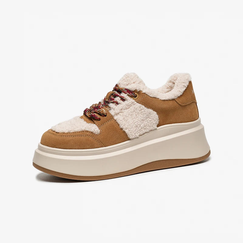 BEAUTODAY Fury Sneakers Women Cow Suede Leather Round Toe Lace-up Closure Platform Shoes Ladies Winter Warm Flats Handmade 29787