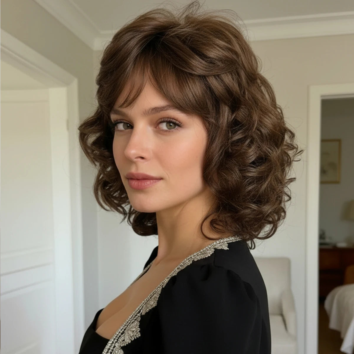 12 Inch Short Curly Wavy Wig with Hair Bangs 100% Imported Premium Synthetic Fashion Hair Wigs for Women