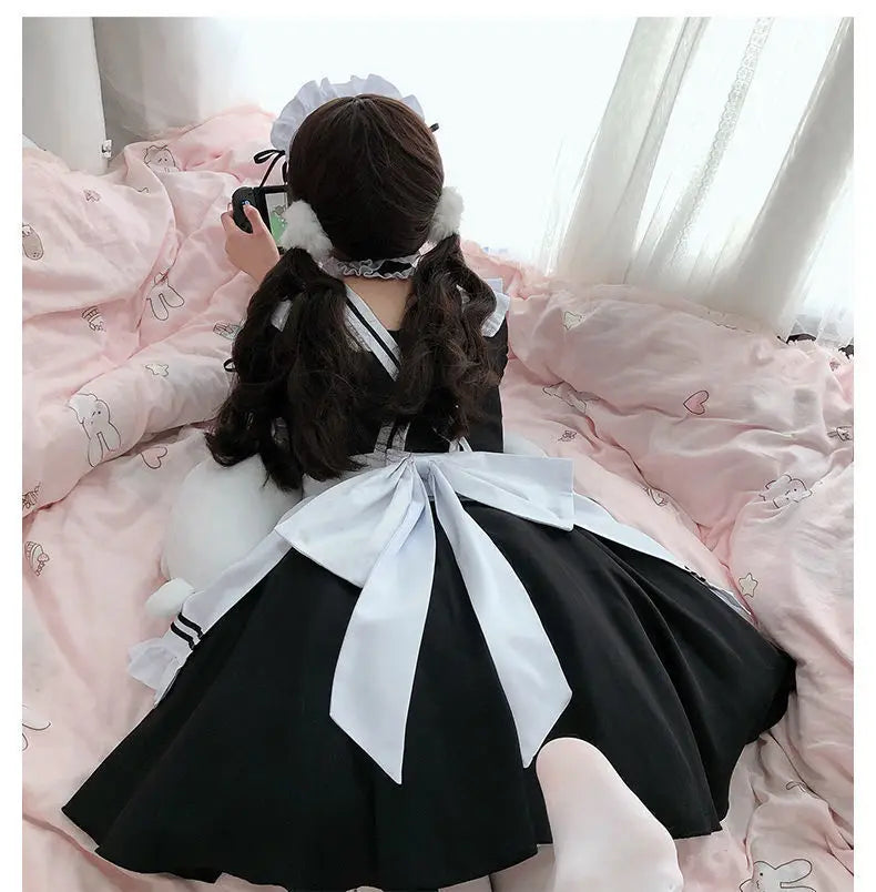 Halloween Maid Set Waiter's Cute Dress Men's Women's Costume Big Character Black and White Style Plus Size Short Sleeved Dress