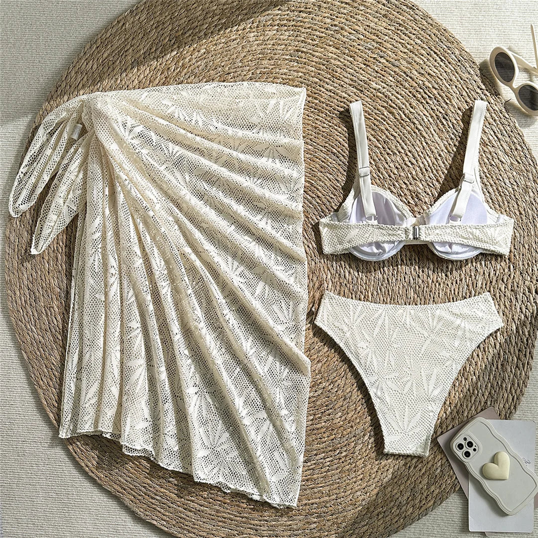 With Sarong Underwired Bikini Female Swimsuit Women Swimwear Three-Pieces Bikini Set Brazilian Bather Bathing Suit Swim V7936