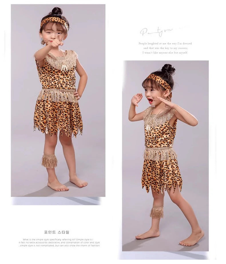 Halloween Costume Adult Kids Savage Caveman Costumes African Tribal Hunter Clothing for Girl Performance Costumes Cosplay Dress