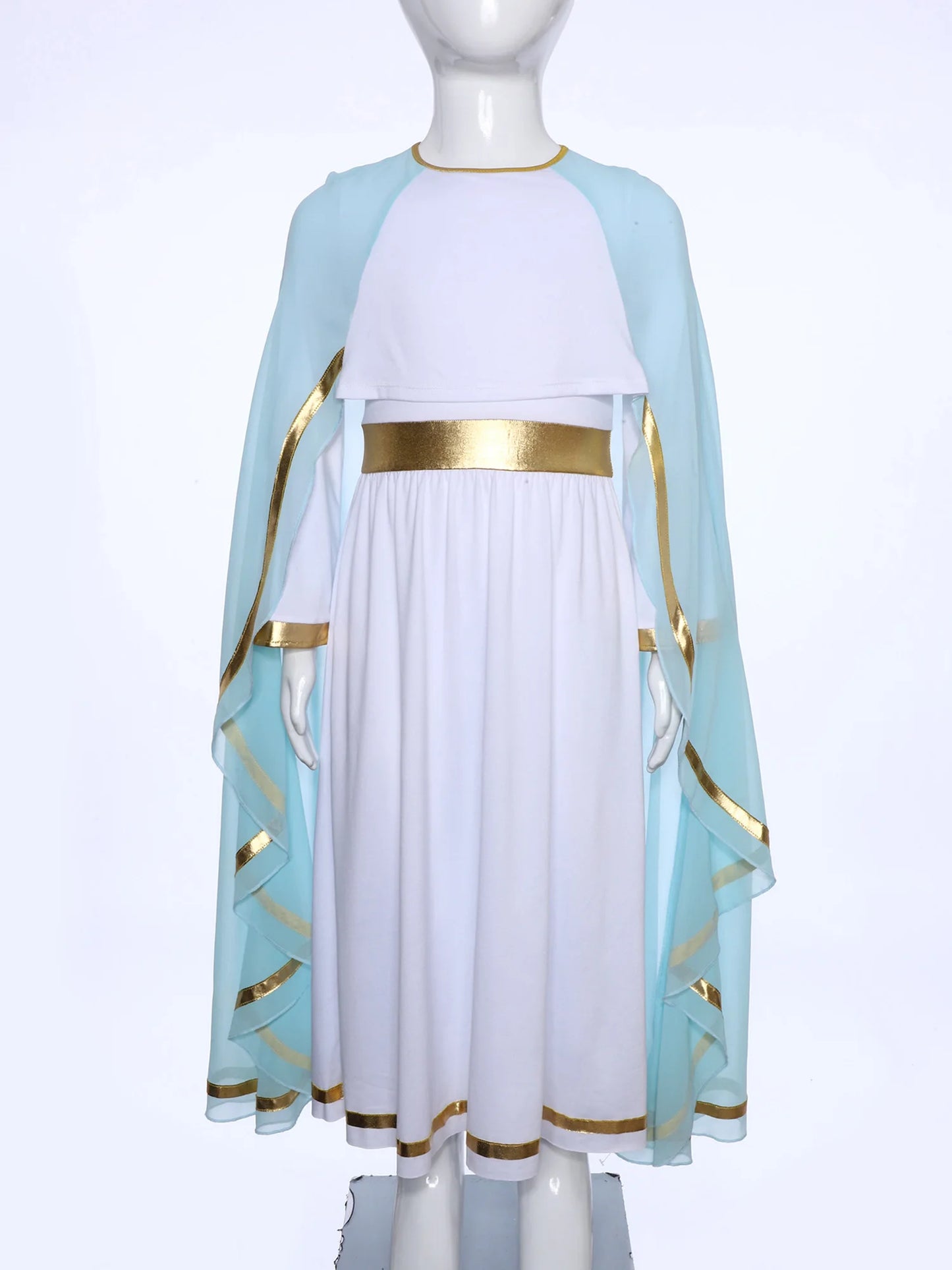Halloween Virgin Mary Costume for Kids Girls Fancy Greek Princess Cosplay Long Sleeve Ruffle Dress with Chiffon Cape Theme Party