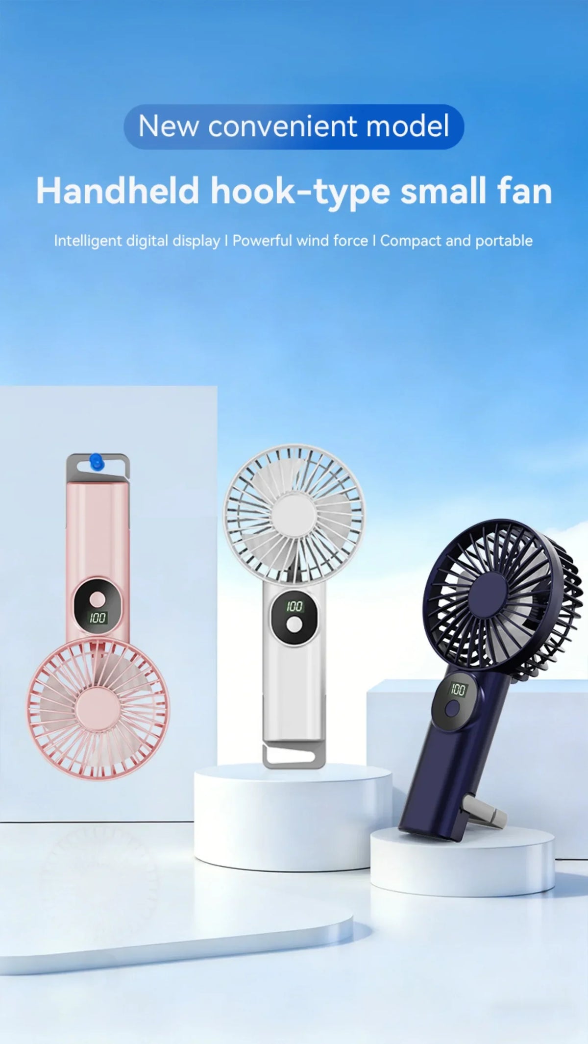 5 Levels Air Cooling Fan with Buckle Portable Handheld Fan LED Screen Outdoor for Home Office Outdoor USB-C Rechargeable Fans