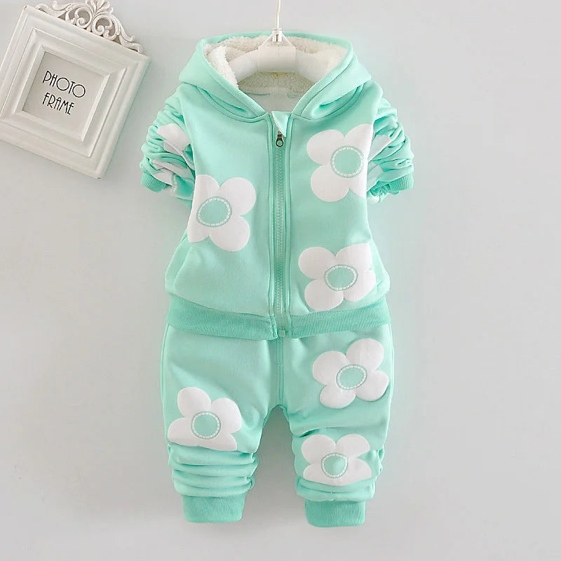 Kids Girls Fleece Lined 3D Daisy Flower Applique Hoodie Pant Suit Children Warm Winter Clothing Set 80-120