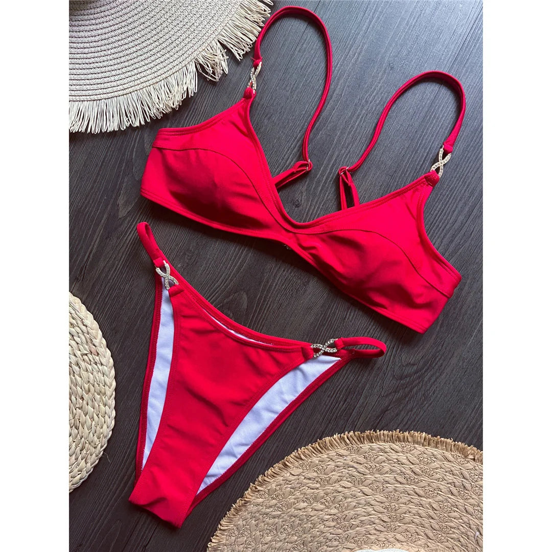 10 Colors V Neck Rhinestones Bikini Female Swimsuit Women Swimwear Two-Pieces Bikini Set Padded Bather Bathing Suit Swim V8138