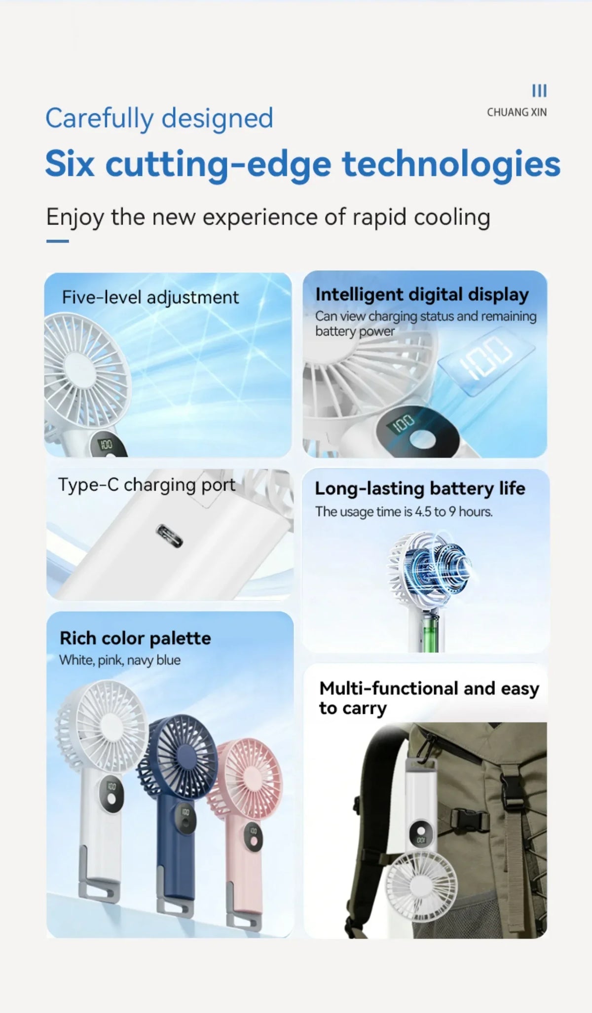 5 Levels Air Cooling Fan with Buckle Portable Handheld Fan LED Screen Outdoor for Home Office Outdoor USB-C Rechargeable Fans