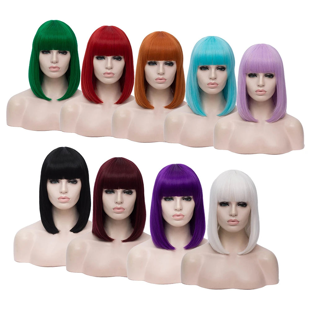MSIWIGS Women Synthetic Straight Short Bob Wigs With Bangs Blue Golden Red Black White Purple Green Brown Cosplay Wig Female