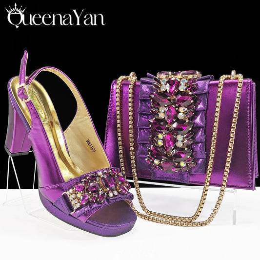 Queena Yan Spot goods Elegant Women Heels Shoes and Bag Set Decoration Rhinestones Women High Heels Shoes OL Bag And Shies
