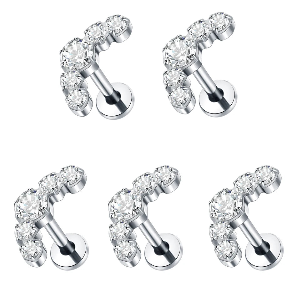 1/5PCS Titanium Ear Studs Cartilage Earrings 5 CZ Stone Labret Ring Stud Helix Cartilage Tragus Piercings Lip Jewelry for Women