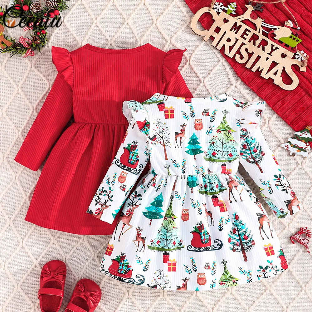 Baby Dress For New Year Green Tree Print Xmas Christmas Dress For Newborns Toddler My First New Year Girls Costumes