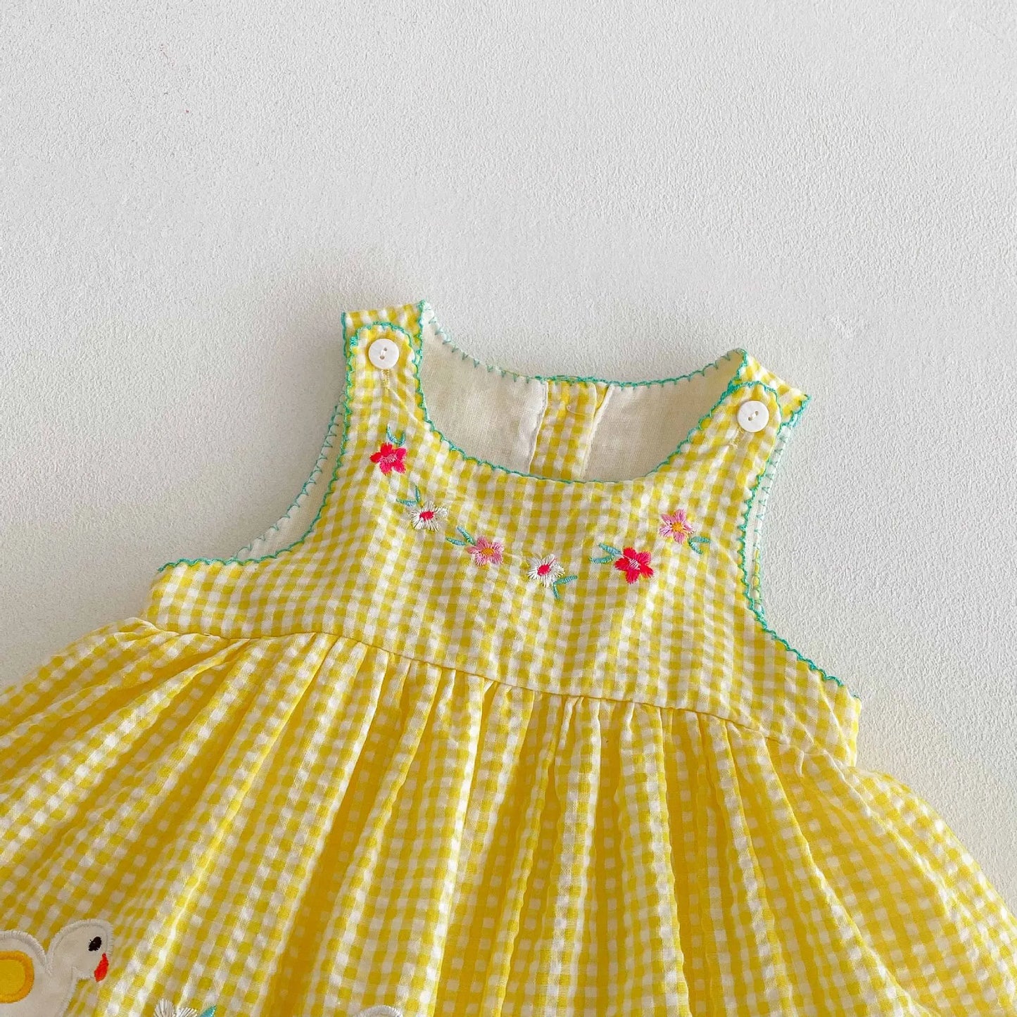 Baby Girl Summer Stylish Sweet Thin Class A Cotton Romper Dress - Cute Cartoon Duck Pattern Yellow Checkered Sleeveless Onesie