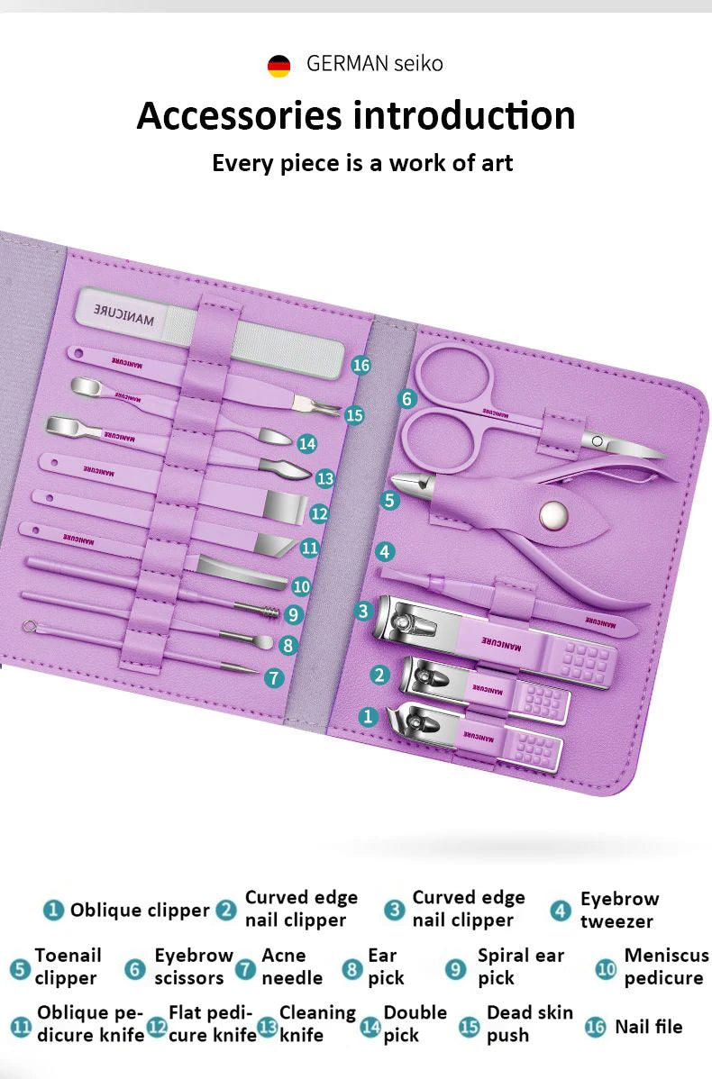 Professional Manicure Set 12/16 Pcs Full Function Kit Stainless Steel Pedicure Sets With Leather Portable Case Idea Gift