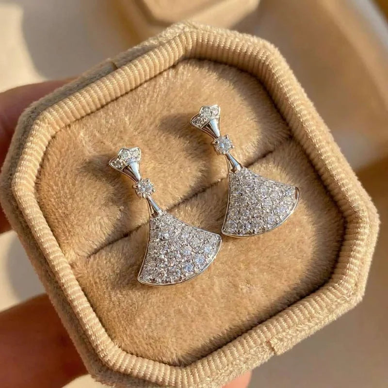 925 Sterling Silver Fan-Shaped Skirt Stud Earrings for Women Cubic Zirconia Luxury Geometric Fashion High Quality Jewelry