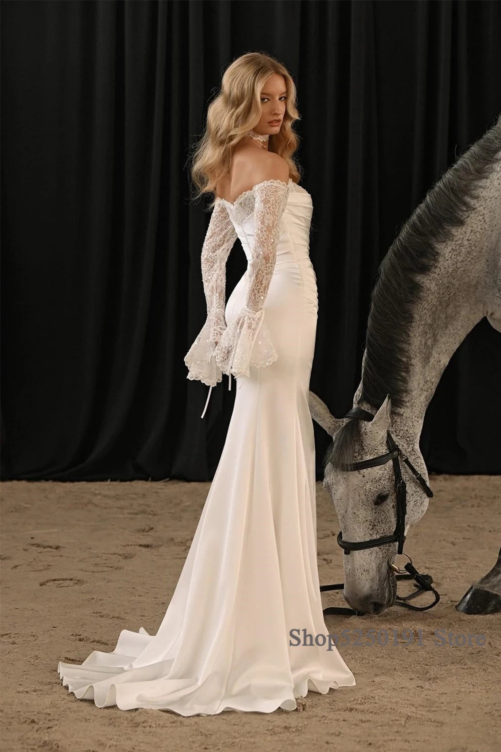 Customized Vintage-Inspired Off-Shoulder Lace Sleeve Bridal Dress Satin Ruched Mermaid Wedding Gown for Elegant Brides
