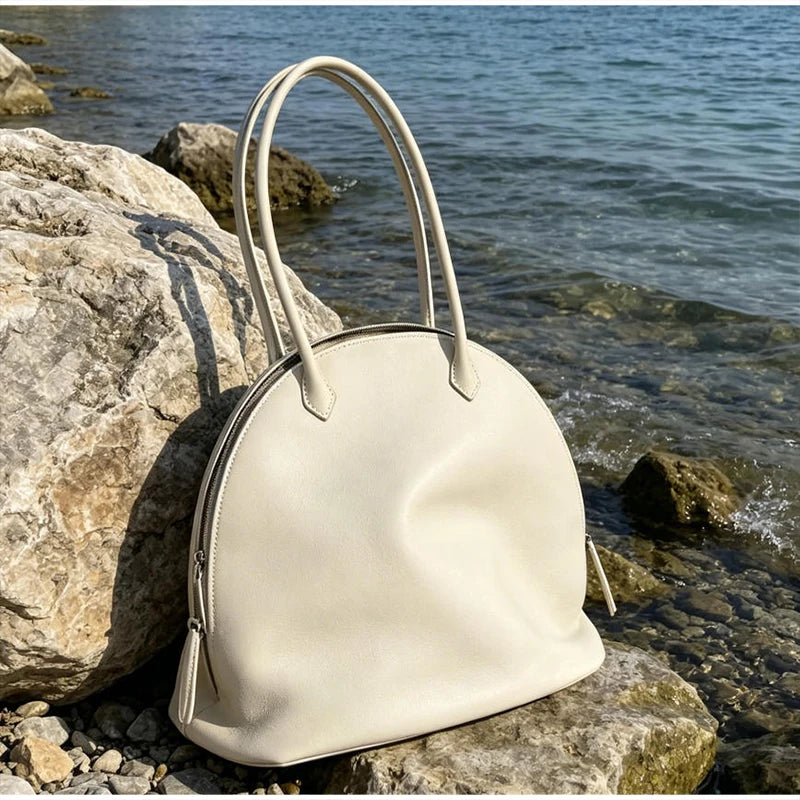 Fashion Luxury Seashell Shoulder Bag Korean Style Solid Color Minimalist Handbag Zippered Large Capacity Soft Leather Tote Bag