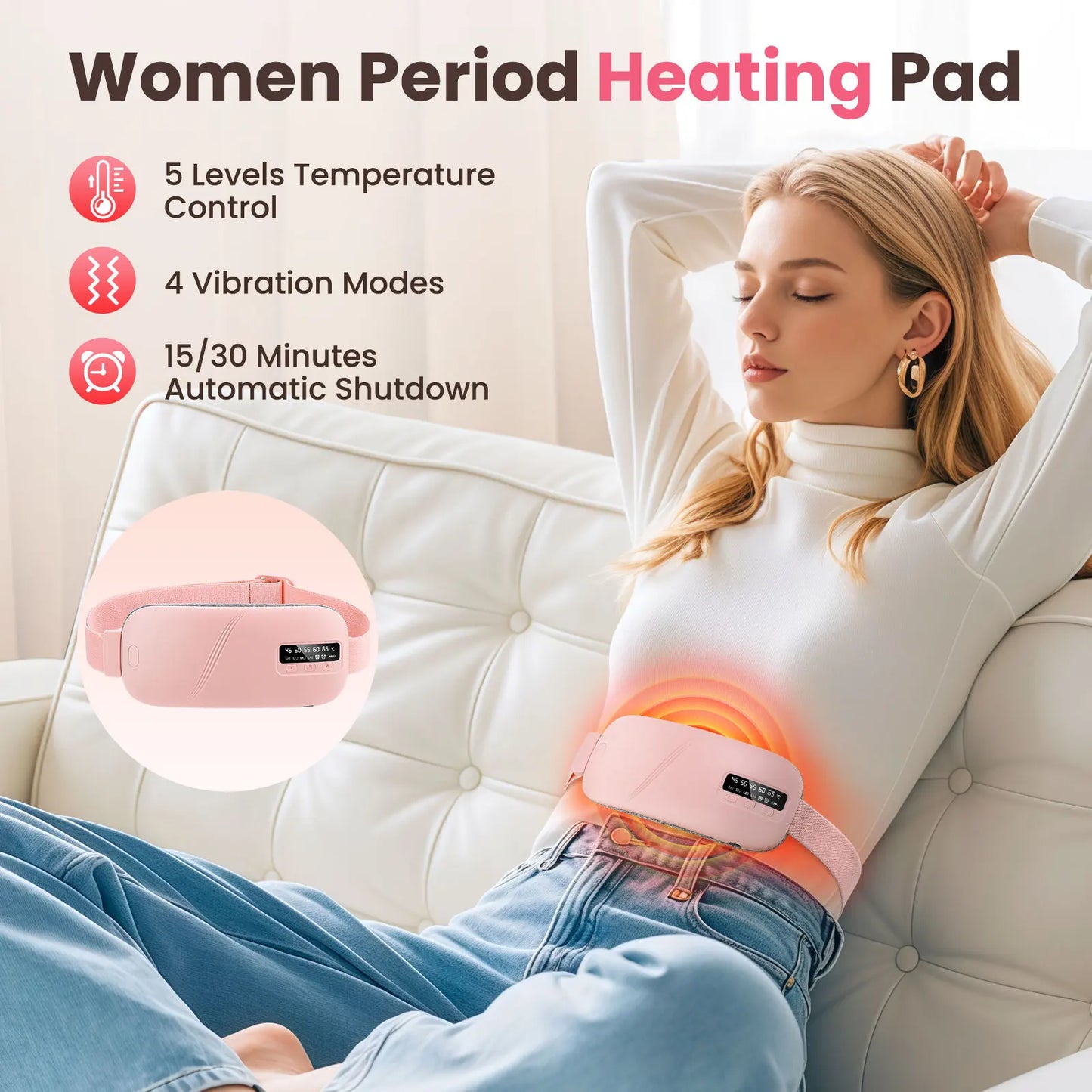 Cordless Electric Heating Pad Belt Adjustable Levels for Women Best Abdominal Heating Massager Hot Compress for Menstrual Period