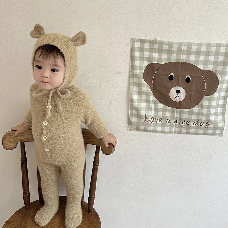 Newborn Baby Mink Fur Romper with Hood Cute Bear Animal Ear Footed Onesie Winter Warm Jumpsuit for 0-2 Years
