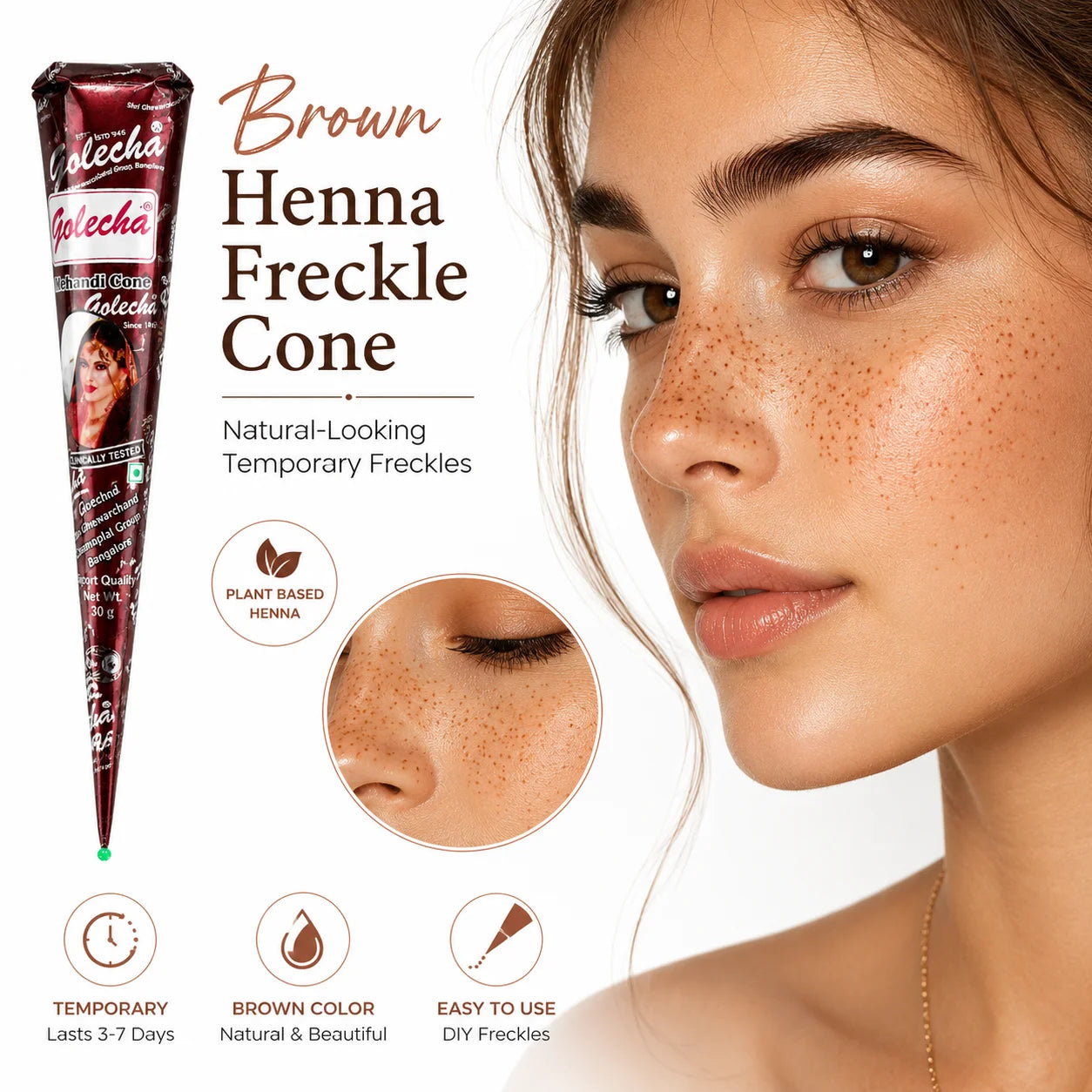 GOLECHA Brown Henna Temporary Tattoo Paste 30g Mehndi Henna Cone For Faux Freckles Hand Drawing Natural Brown Skin Stain