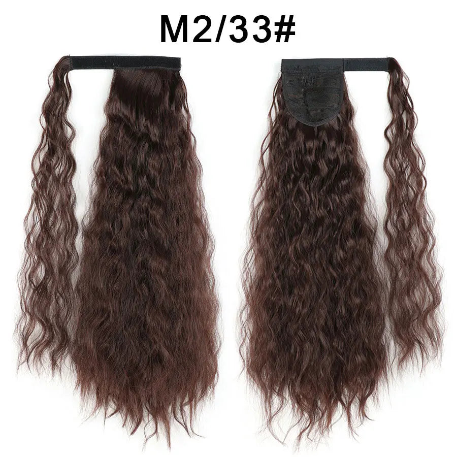 Synthetic Long Corn Wave Ponytail Extension Magic Paste Heat Resistant Wavy Wrap Around Ponytail Black Hairpiece for Women