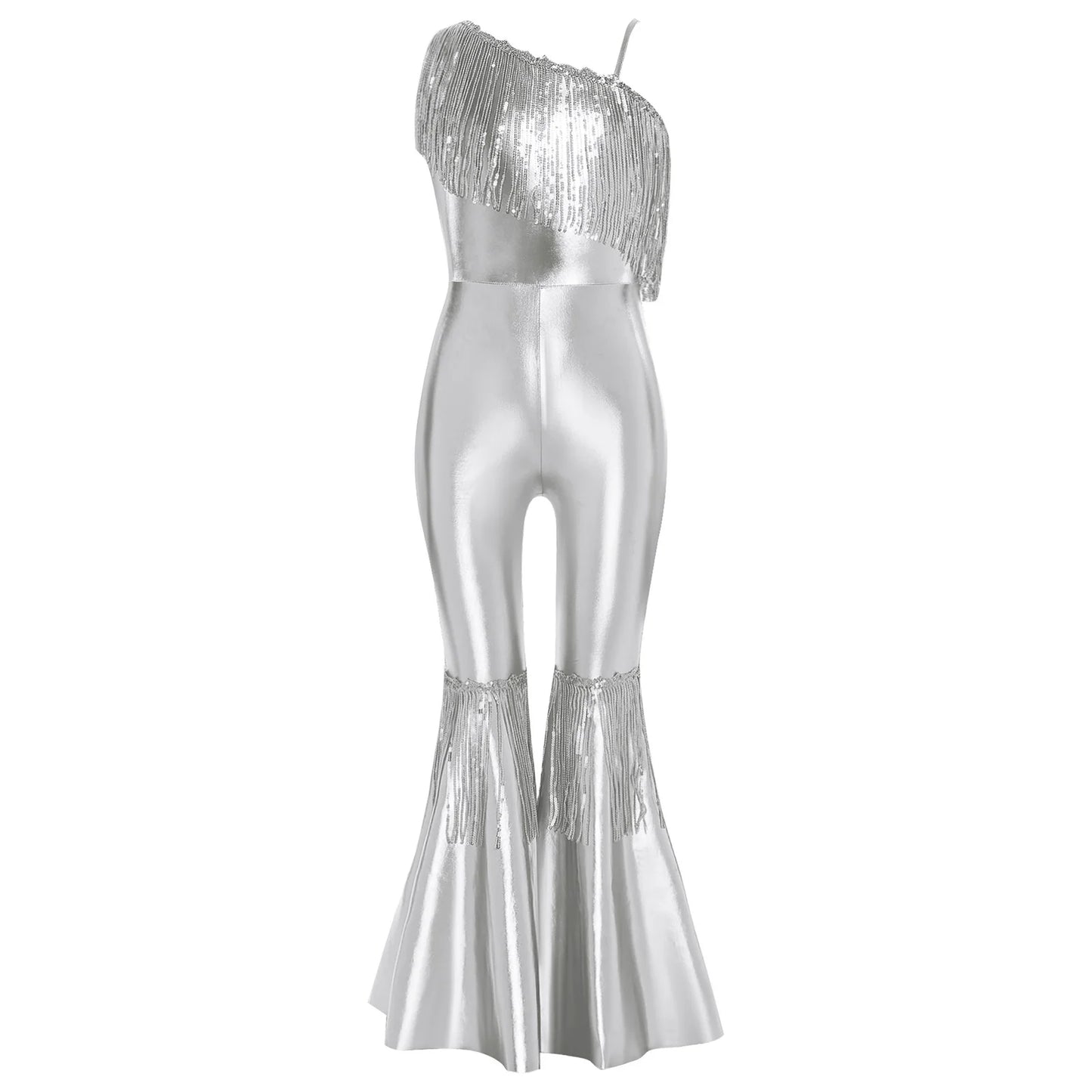 Halloween Kids Girls Hippie Costume Tassels Unitard Bell-bottom Long Pants Bodysuit Jumpsuit for Disco Dance 60s 70s Rave Party