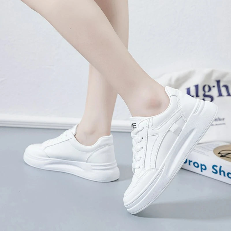 Women's Shoes Platform Sneakers Lace-Up Women Running Shoes Outdoor Breathable Tennis Shoes PU Leather White Casual Shoe 2025
