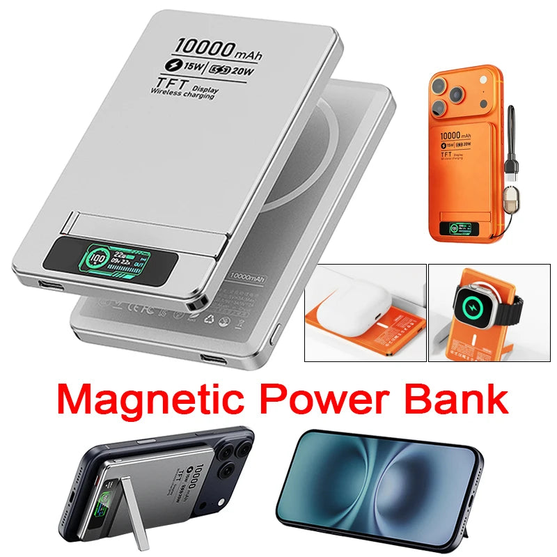 5000/10000mAh Slim and Portable Magnetic Power Bank with Bracket TFT Digital Display Wireless Fast Charging for Phones Watches