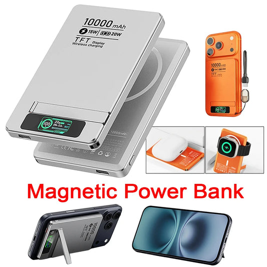 5000/10000mAh Slim and Portable Magnetic Power Bank with Bracket TFT Digital Display Wireless Fast Charging for Phones Watches