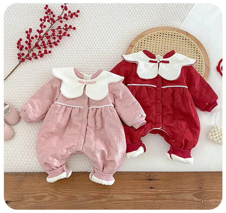 Baby Warm New Year Christmas Rompers 0-2 Year Old Korean Childrens Wear Winter Bodysuit Toddler Girls Sweetheart Outwear