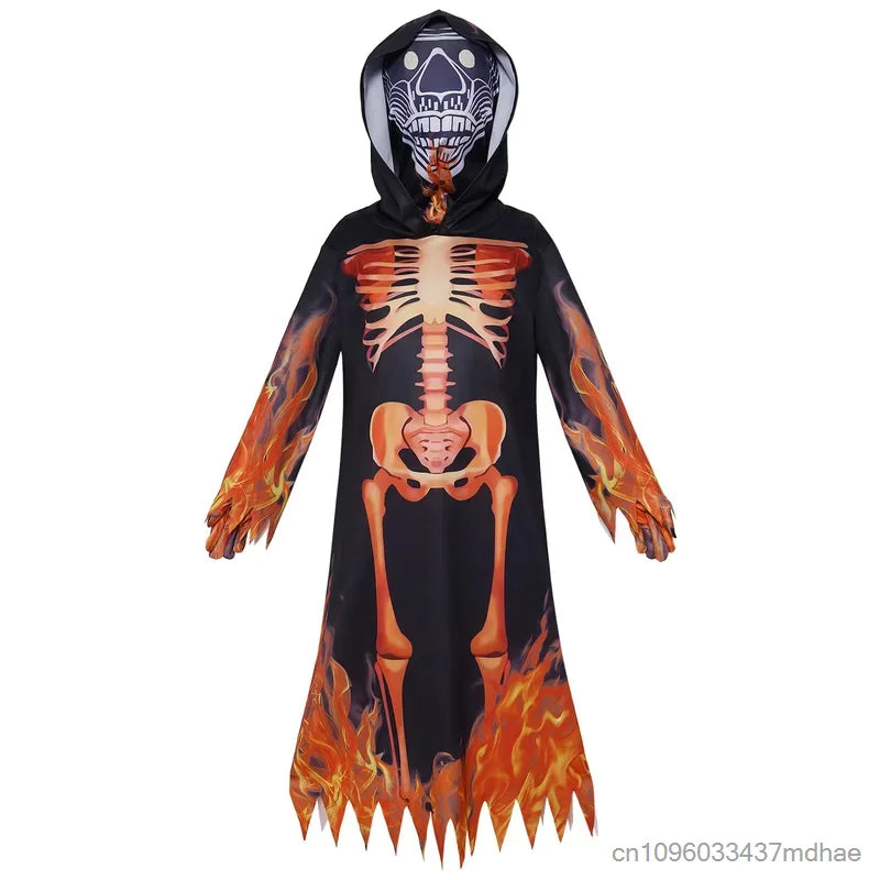 Halloween Costumes Hooded Robe Scary Death Skull Cosplay Suits Party Stage Performance Flame Skeleton Ghost Role Play Outfits