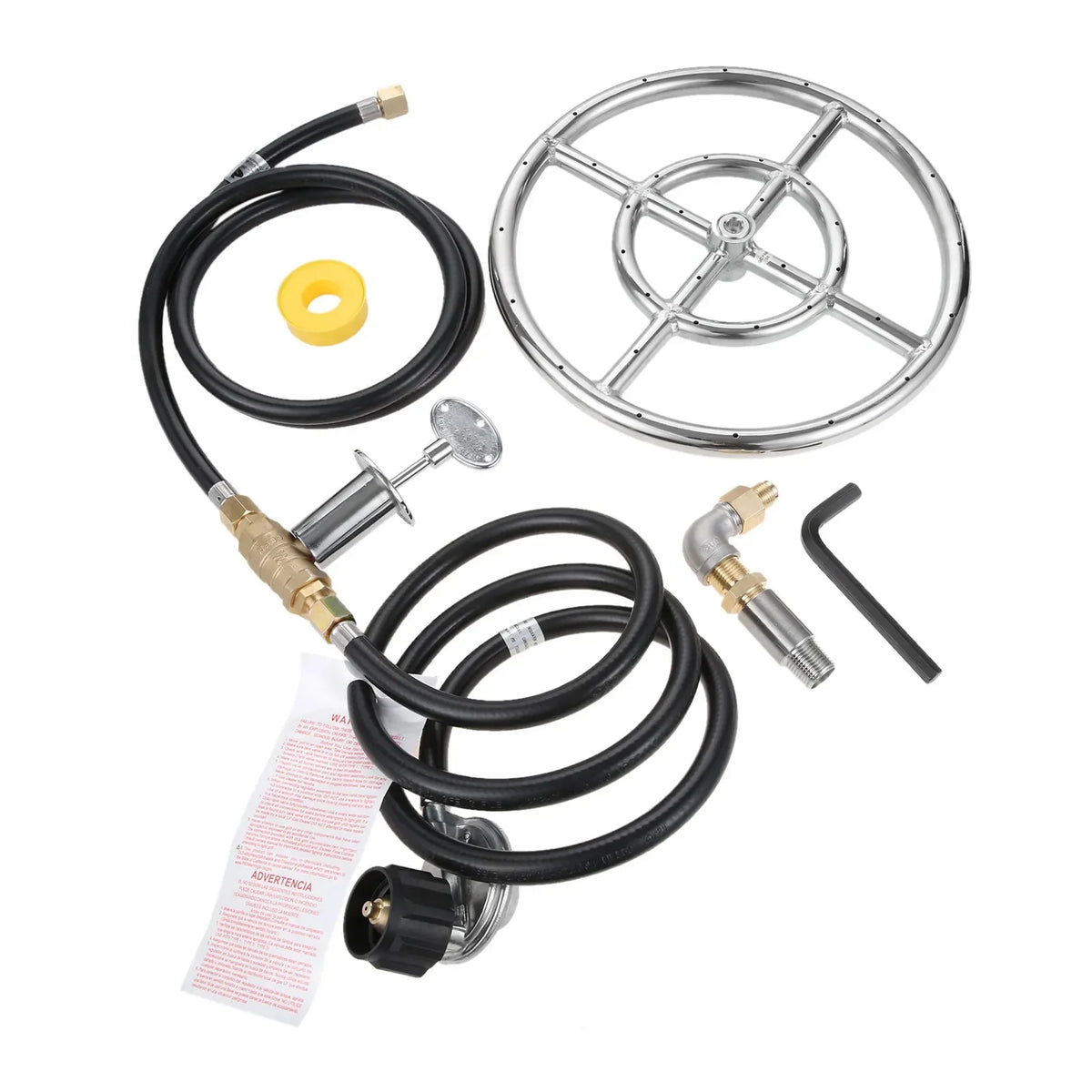 12" LP Propane Gas Fire Pit Stainless Steel Burner Ring Installation Kit with Regulator Hose and 1/2" Key Control Valve 90000BTU