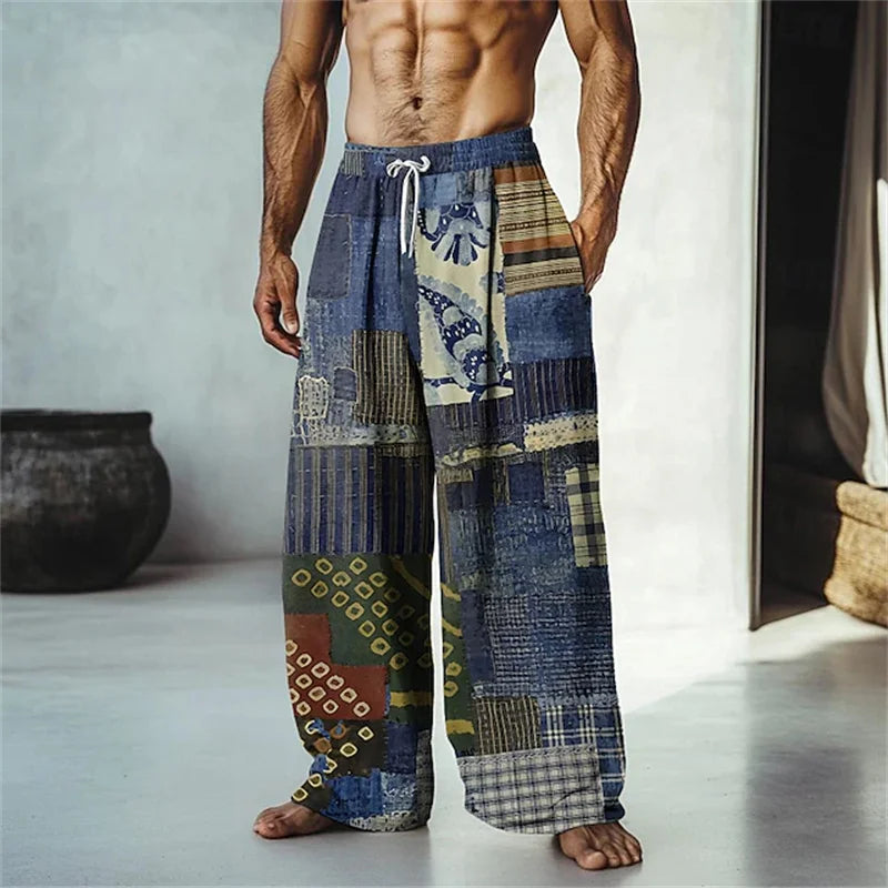 New men's loose fit casual pants with 3D printed geometric patterns, fashionable and comfortable wide leg pants