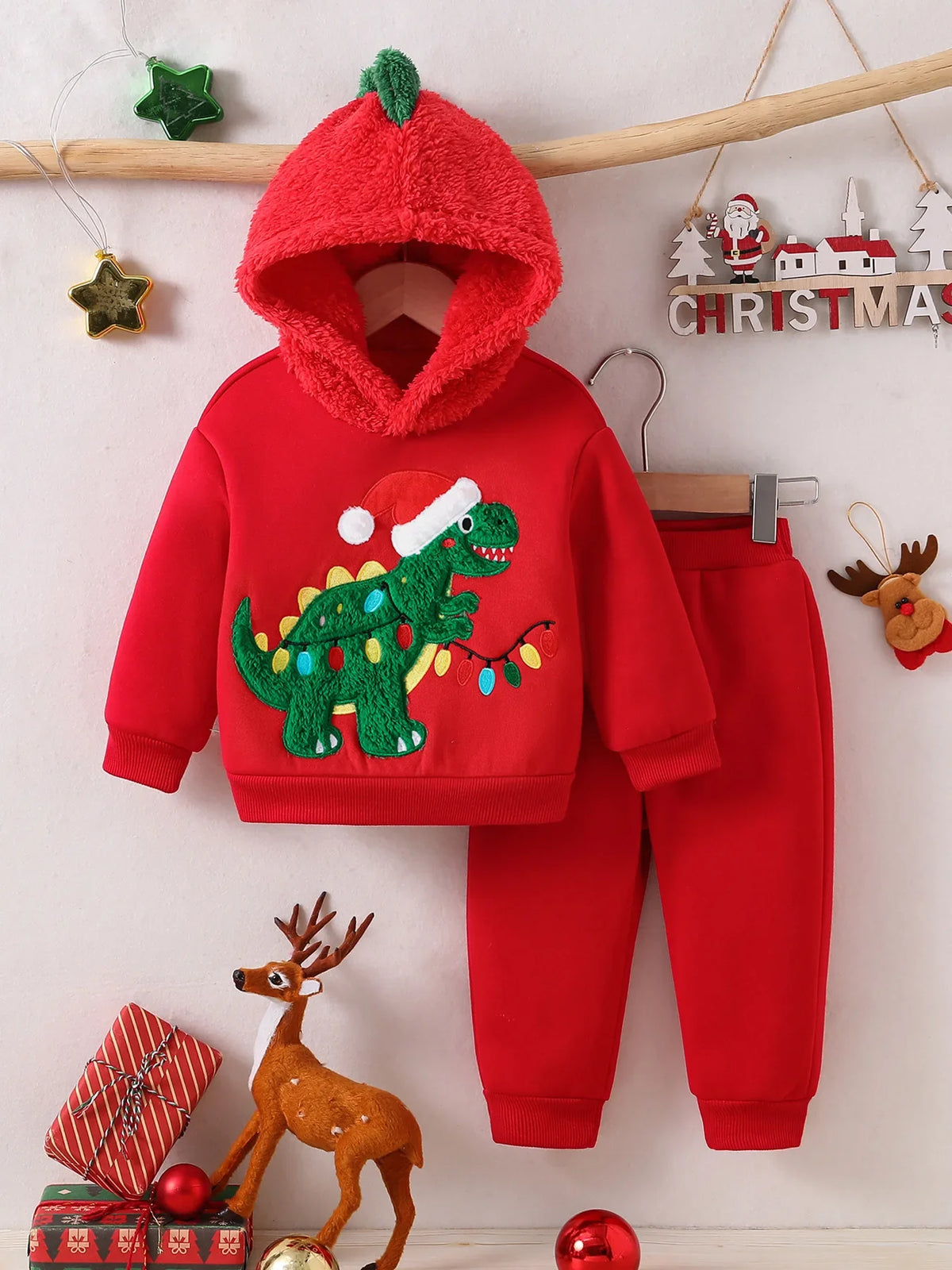 Newborn Baby Red Dinosaur Romper 2-Piece Set Hooded Bodysuit Jumpsuits One-pieces Christmas Toddler Outfits