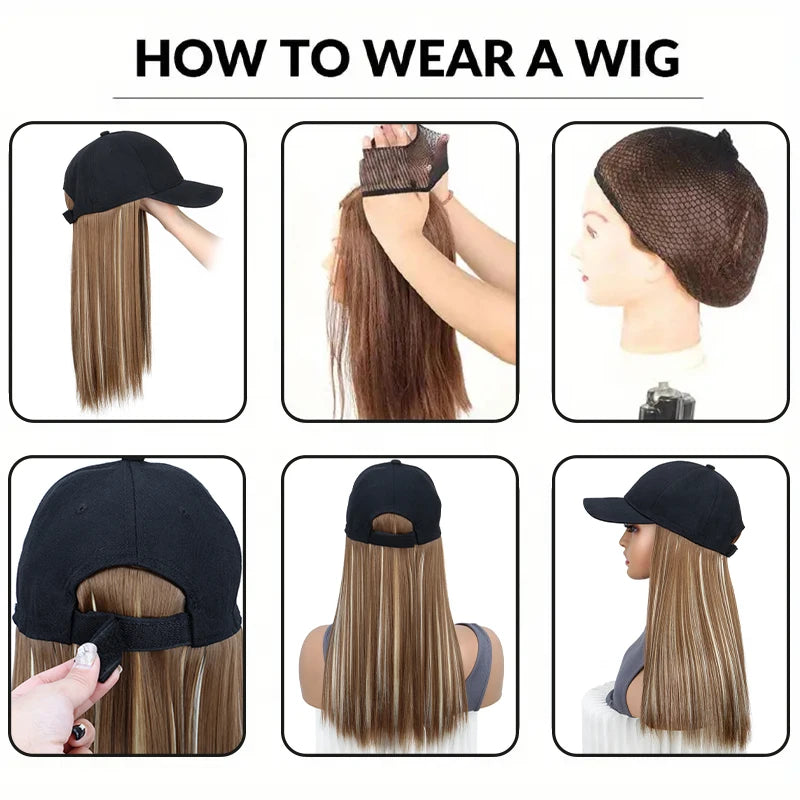 18Inch Synthetic Hat Wig Long Straight Hair Baseball Cap Hair Extension Adjustable for Women Daily Use