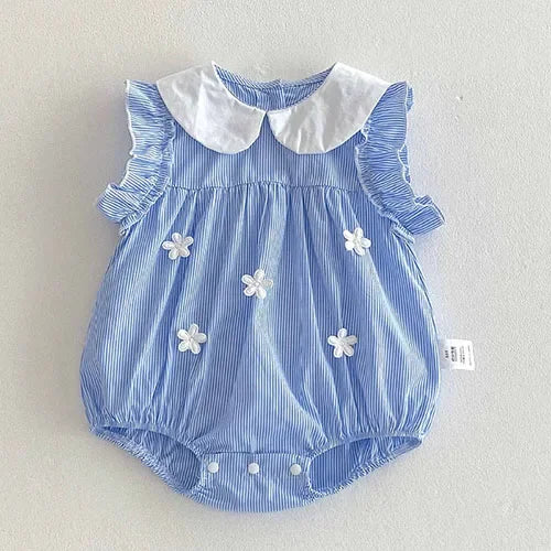 2025 New Summer Korean Style Climbing Suit Flying Sleeve Cotton Lace Splicing Toddler Baby Girls Jumpsuit 0-24M Baby Clothing