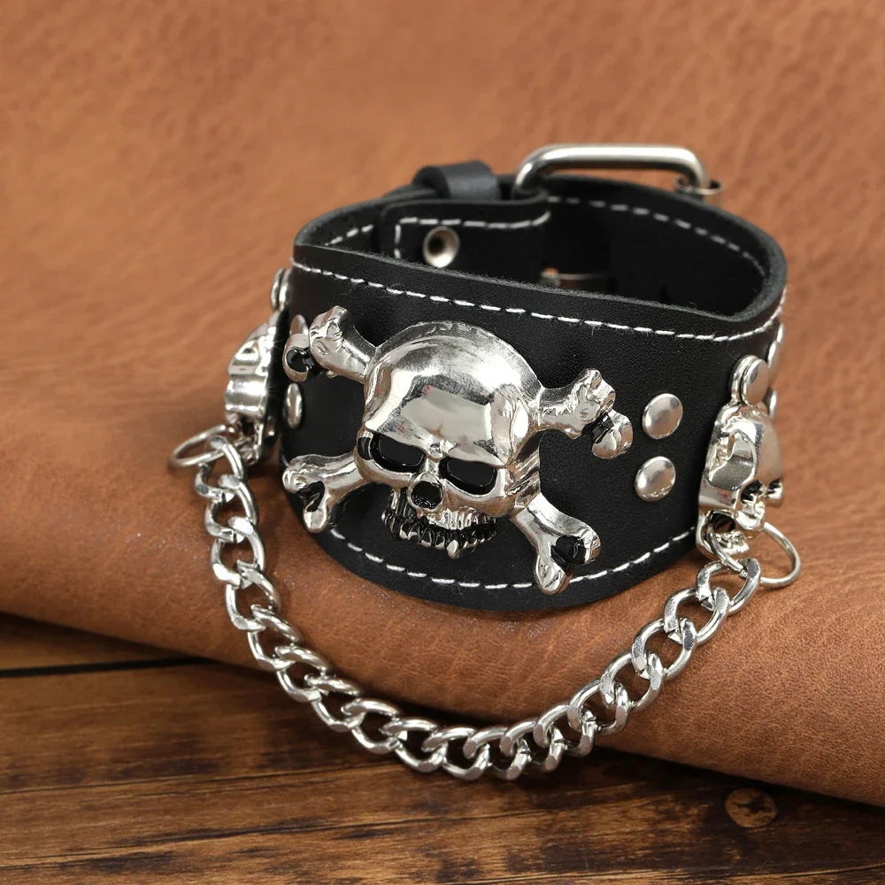 2025  Jewelry Handmade Weave Genuine Leather Skull Bracelet Men Vintage Cuff Wide Leather Rivet Bracelet Pulsera Hombre