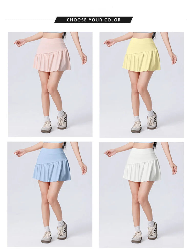 Women High Waist Asymmetrical Tennis Skirt Built-in Shorts Quick Dry Breathable Workout Running Sports Mini Skort