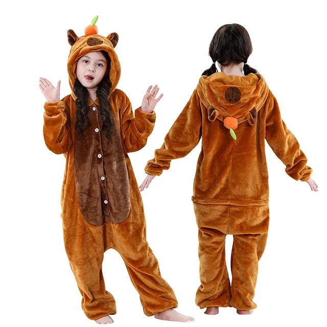MICHLEY Christmas Capybara Flannel Blanket Sleepers Onesie Hooded Children Costume Clothes Jumpsuit Sleepwear For Boys Girls
