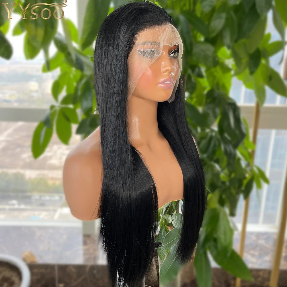 YYsoo 1# Long Silky Straight Dark Black Synthetic Full Lace Wigs for Women Heat Resistant Japan Futura Hair All Hand Tied Wig