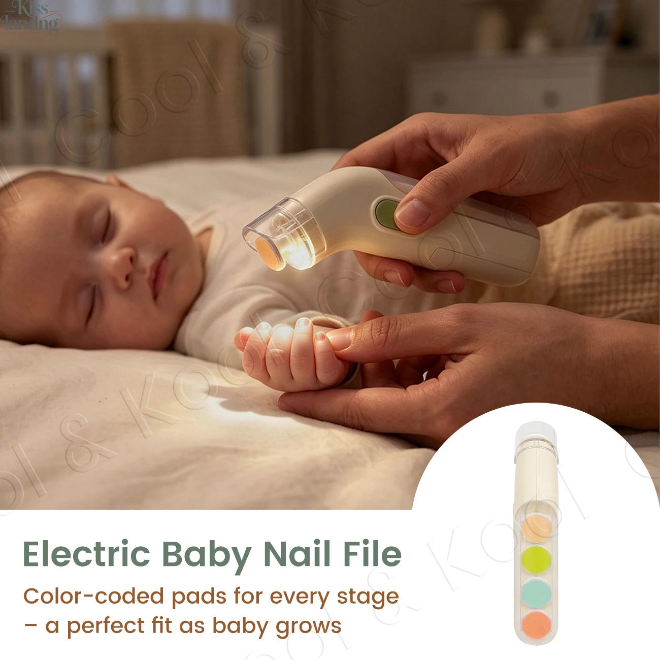 Electric Baby Nail File, 5-in-1 Gentle Nail Trimmer for Infants Toddlers, 360° Rotating Grinding Head with LED Light