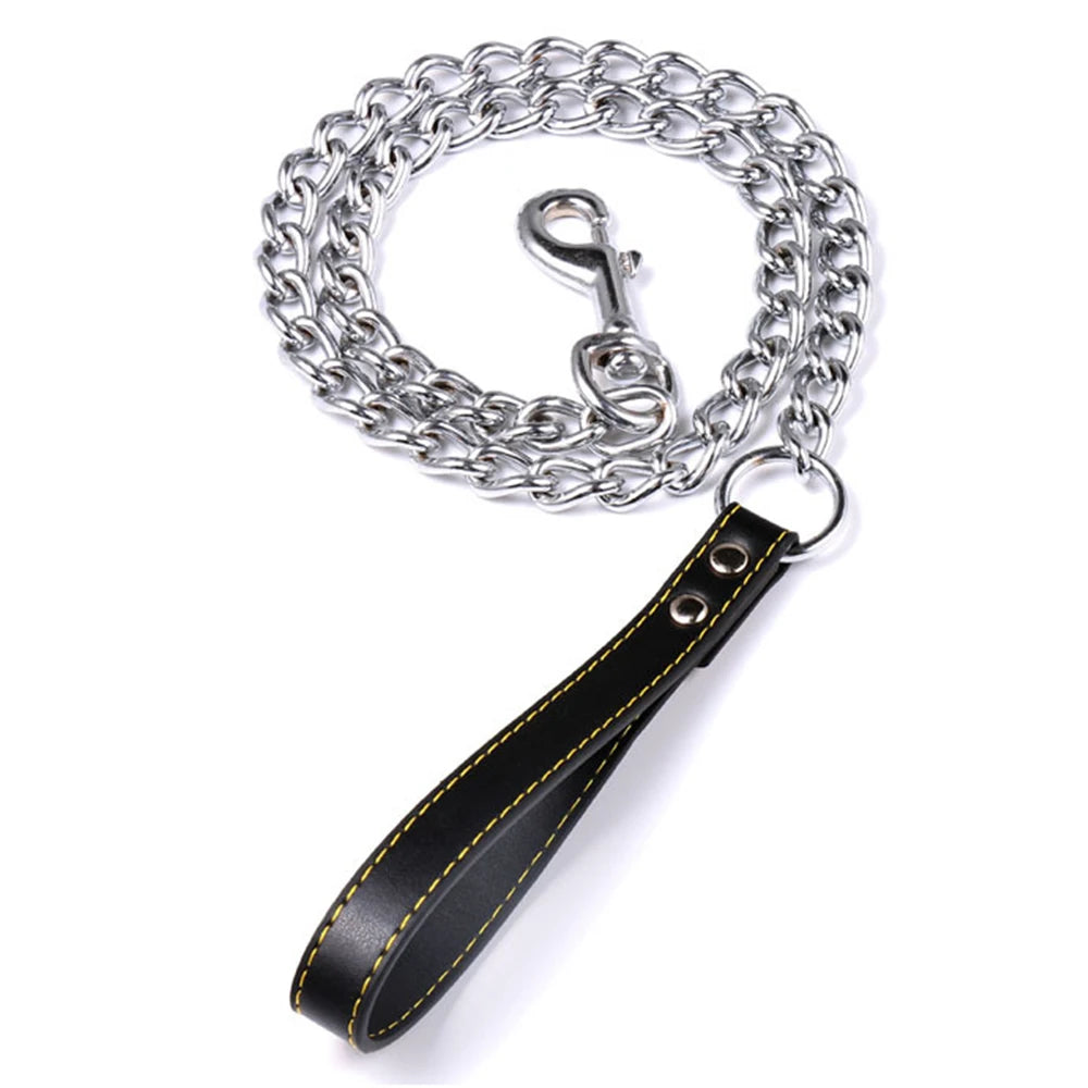 Durable Pet Dog Chain Metal Leash For Small Medium Dog PU Handle Leather Iron Chain Leash Anti-Bite Chain Dog Accessories