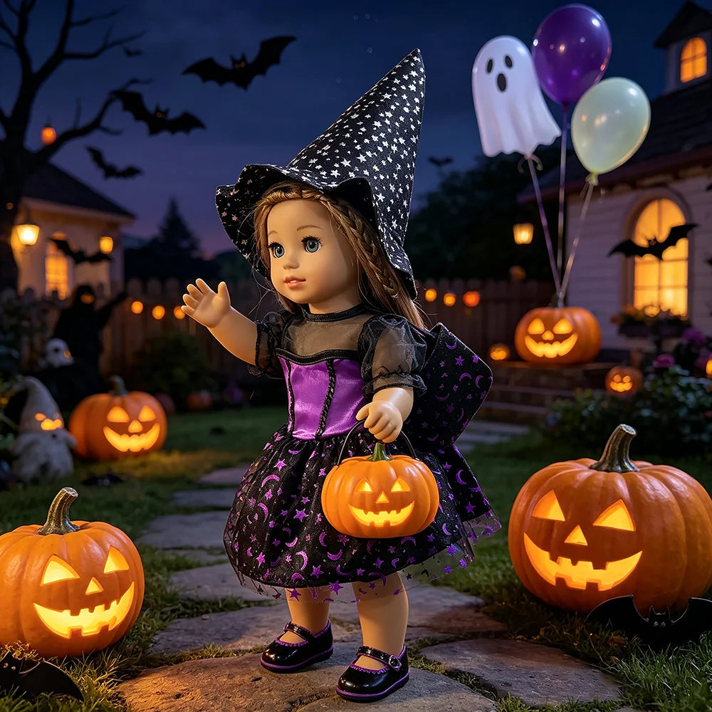 Halloween Doll Costume Outfit Suitable for 18 Inch Dolls. Doll Holiday Costume Set with Three Pieces and Doll Accessories