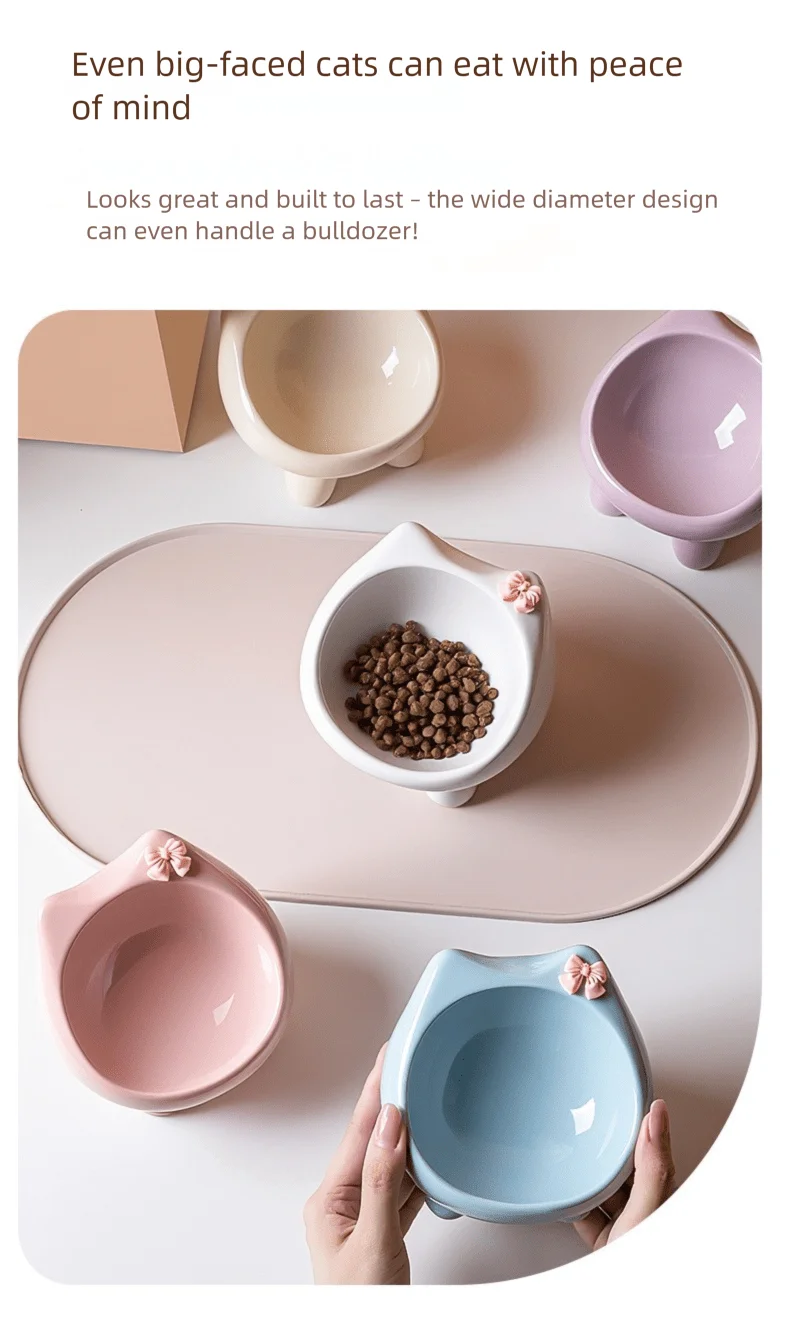 Ceramic Heightening Bowl Set | Cute Macaron Color Series，Slanted Spill-Proof，Cat Slow Feeder Bowl，InsEasy to Clean，Multi-Color O