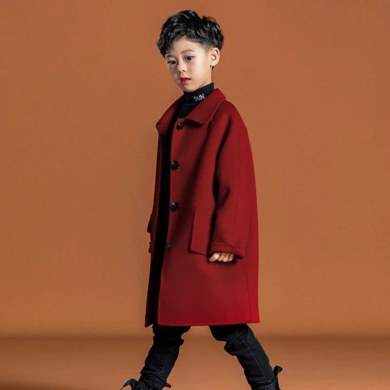 Boys Woolen Coat Overcoat Jacket Windbreak 2024 Red Warm Plus Thicken Autumn Winter Cotton School Children's Clothing