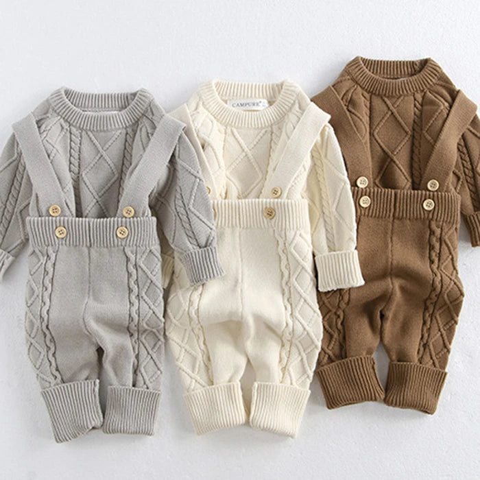 2024 New Autumn Winter Children Knitted Clothes Suit Long Sleeved Knitted Pullover+Jumpsuit Newborn Baby Boys Girls Clothing Set