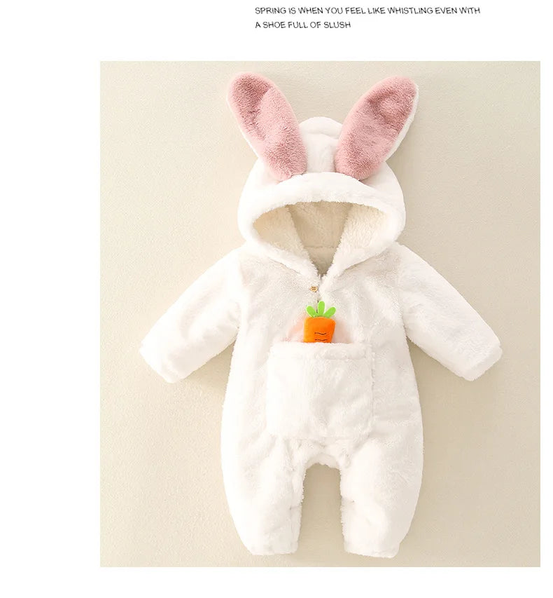ZOETOPKID Baby Rompers Winter Warm Coral Fleece Newborn Boys Girls Clothes Cartoon Rabbit Coats Infant Jumpsuit Animal Overalls