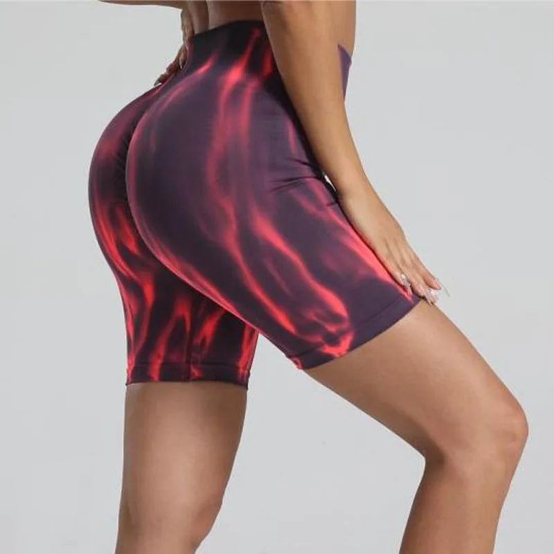 Women Nylon Gym Sports Shorts High Waist Seamless Tie dyed Elastic Fitness Yoga Leggins Pants Training Workout Tights Cycling