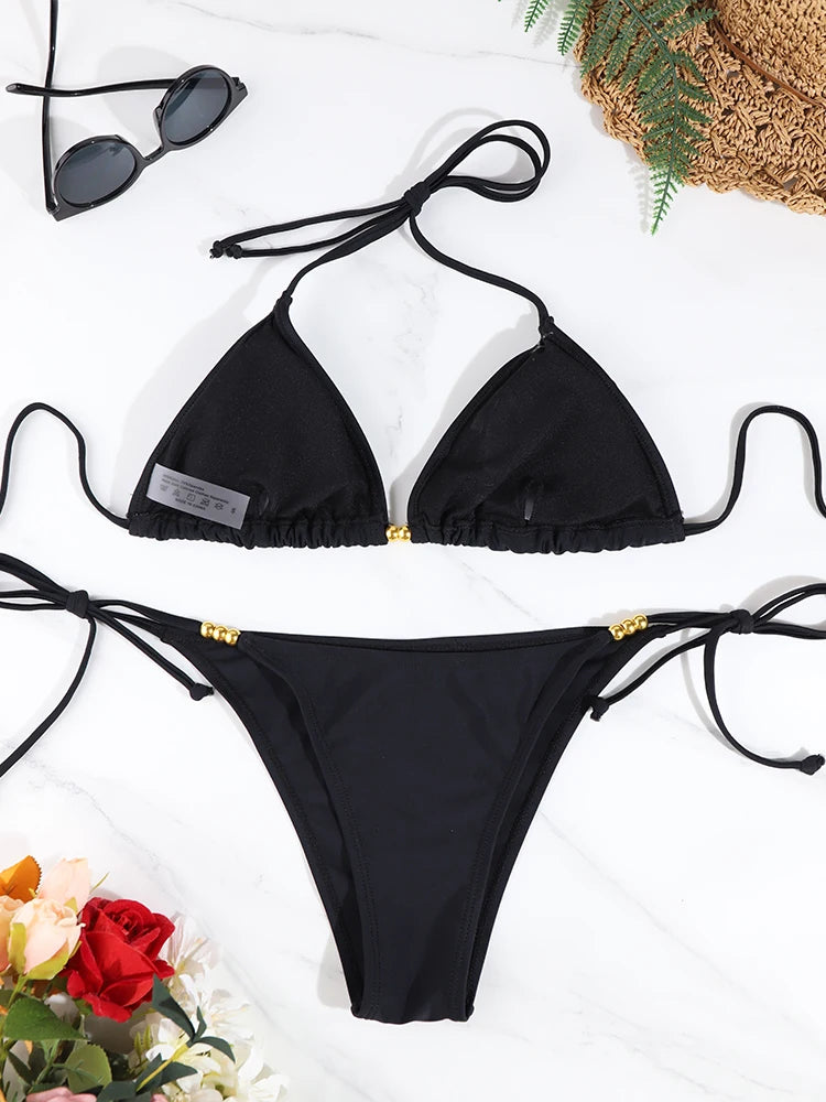 Sexy Triangle Bikini Sets Micro Thongs Swimsuit Women Bathing Suit  BeachwearSolid Color Swimwear Thong Bikini