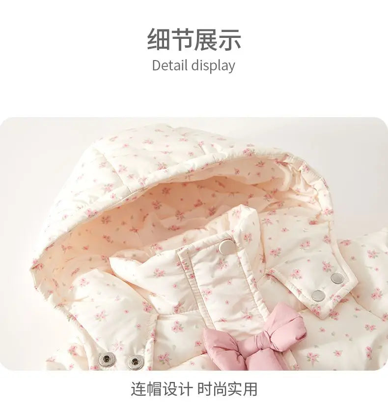 Winter 2024 Girls Plush New Fashion Sweet Floral Cotton Jacket Baby Cotton Hooded Autumn and Winter Bow Coat
