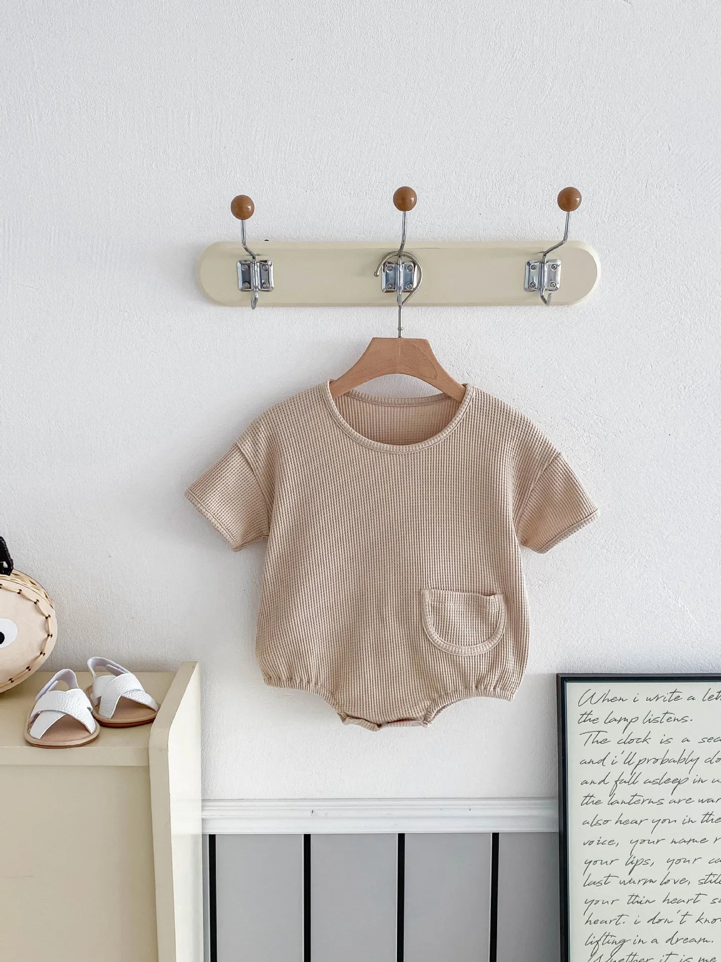 New Korean Style Baby Summer Cotton Simple Comfortable Short - Sleeve Waffle - Knit Onesie with Small Pocket Decoration Romper